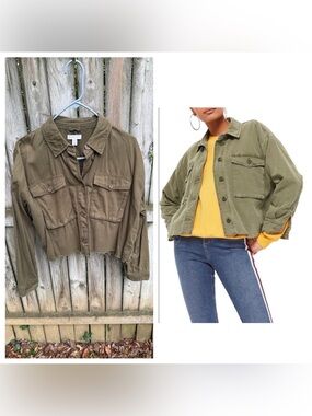 Topshop Nordstrom Sonny Raw Hem Crop Shacket Jacket army Dark Green US 8 - 10